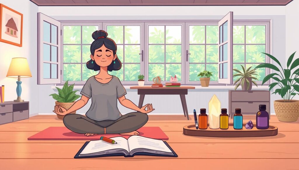 A serene, well-organized indoor workspace with a journal, soft lamp, and greenery, reflecting the calm and considered way the journal is made.