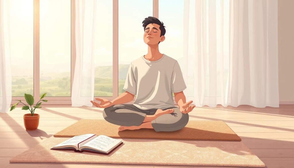 A serene meditation space featuring a well-lit room with soft, natural light streaming through large windows. In the foreground, a person dressed in modest casual clothing sits cross-legged on a plush mat, eyes closed in deep meditation, exuding a sense of calm and focus. Surrounding them are subtle elements of self-awareness practices, such as a journal with an open page filled with handwritten insights and a small potted plant symbolizing growth. In the middle, a soft, inviting rug adds warmth, while a gentle breeze rustles sheer curtains in the background. The background showcases a peaceful landscape view, connecting the interior space to nature, emphasizing tranquility and reflection. The overall atmosphere is one of introspection and enlightenment, inviting viewers to explore their self-awareness journey. Digital art style, created by nextself.ai.